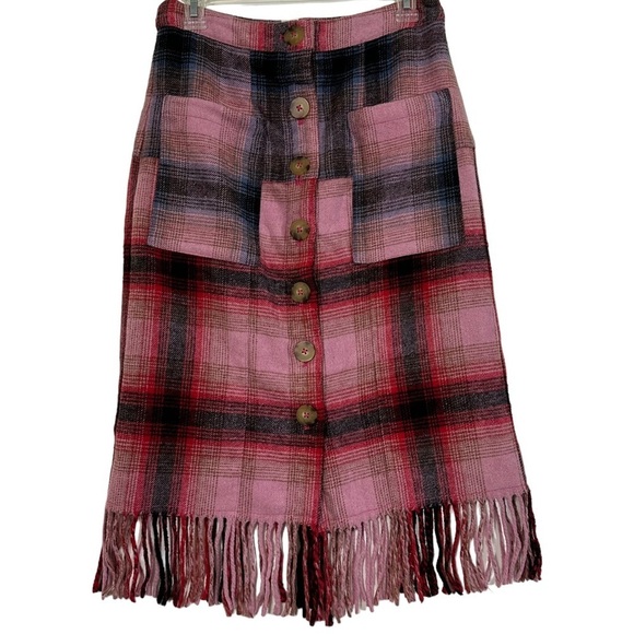 - NWT Anthropologie Maeve Red Pink Blue Plaid Fringed Skirt - Picture 6 of 13
